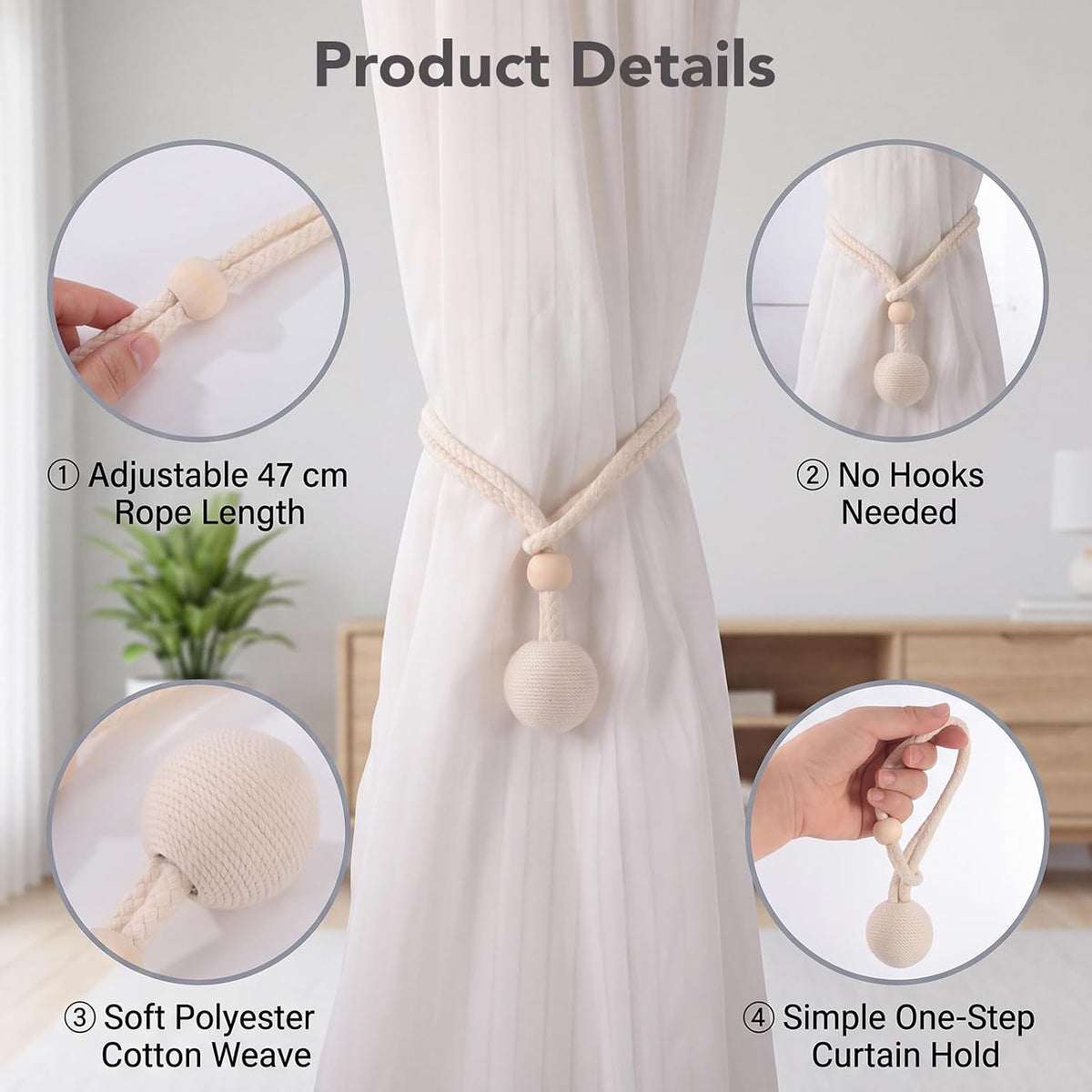 2 Pack Curtain Tiebacks, Beige Curtain Holdbacks, Curtain Rope Tieback