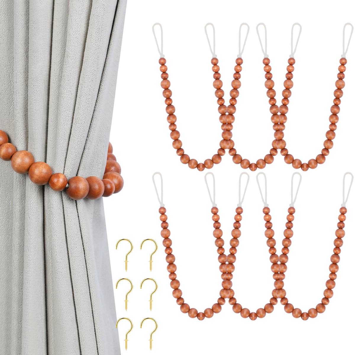 KLOGTSIND Wood Bead Curtain Tiebacks, 2 Pack Curtain Tie Backs with Hooks