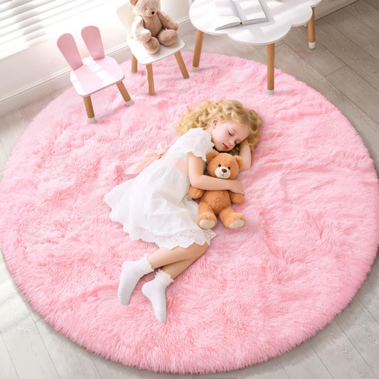 EVOIONOS Pink Round Rug for Bedroom, 4x4 Ft Fluffy Soft Circle Area Rugs for Living Room, Plush Shaggy Circular Carpet for Indoor Floor Bedside Girls Nursery, Machine-Washable Home Decor Aesthetic