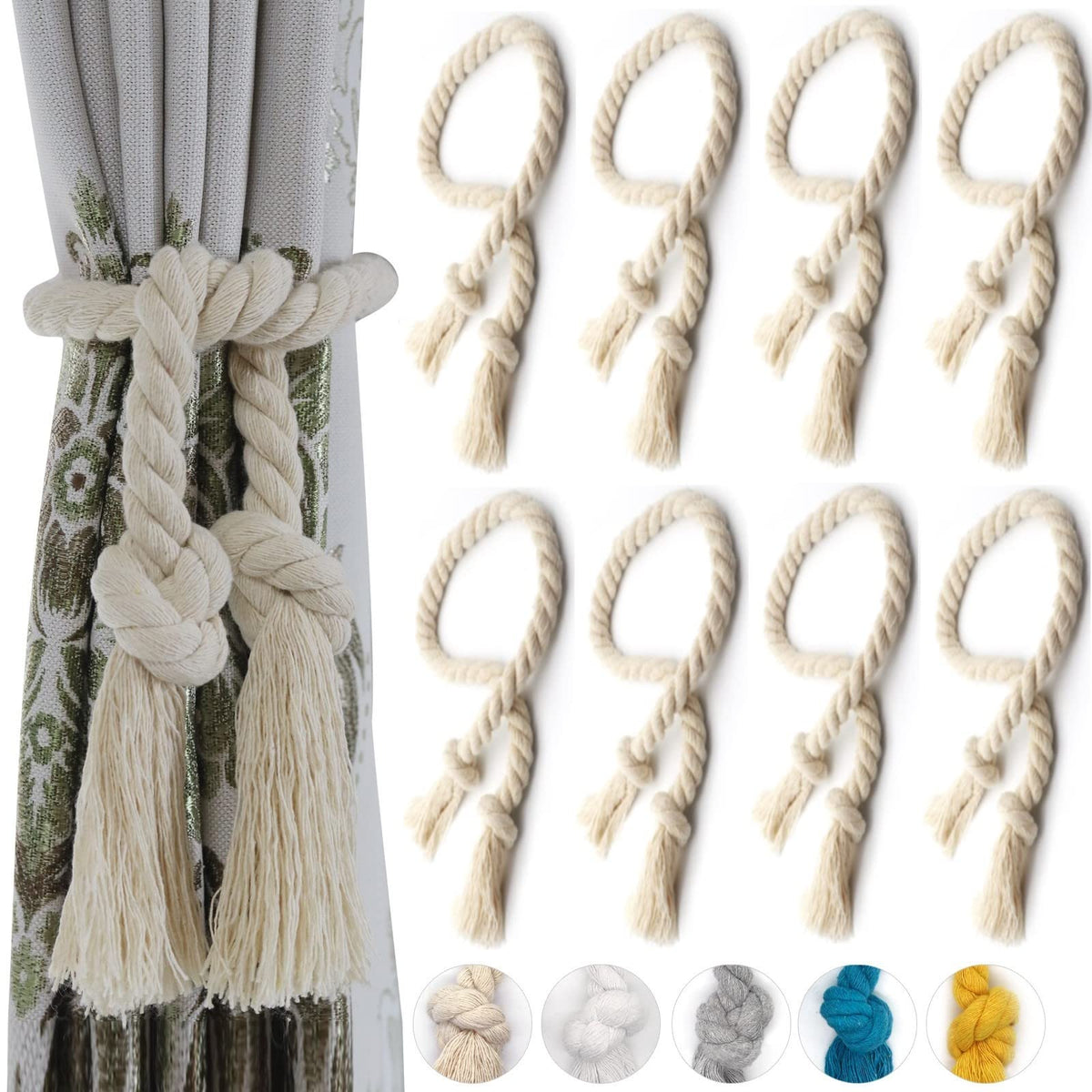 6 Pack Curtain Ties Rope, Outdoor Curtain Tiebacks for Patio Gazebo Pergola Cabana, Natural Cotton Curtain Holders, Village Rural Rustic Farmhouse Curtain Holdbacks for Drapery, Black
