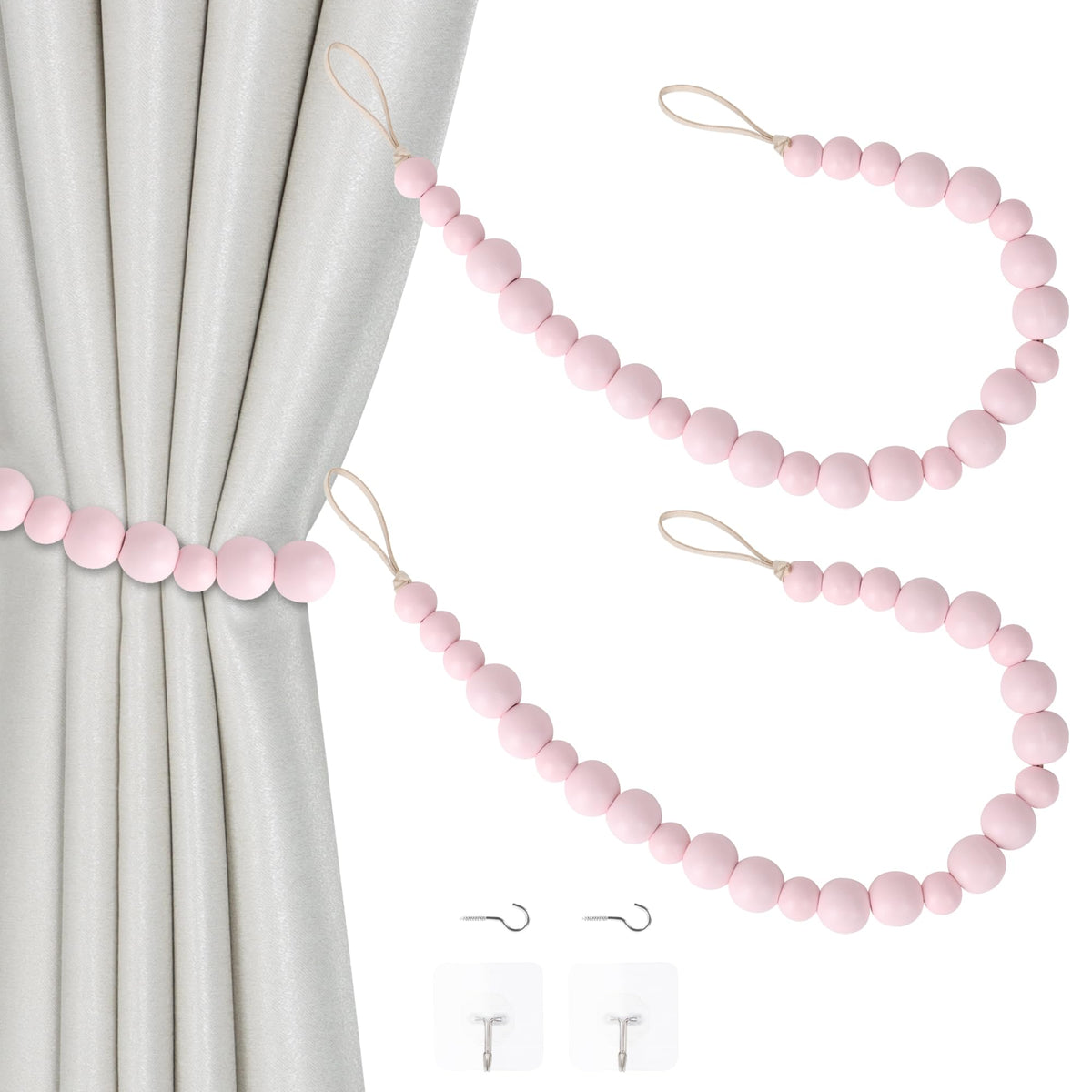 2 Pieces Curtain Tieback Wood Bead Curtain Tiebacks Curtain Holdbacks for Wall Curtain Ties Window Treatment Curtain Tie Backs with Hooks Curtain Pull Backs (Coffee,2) C-1