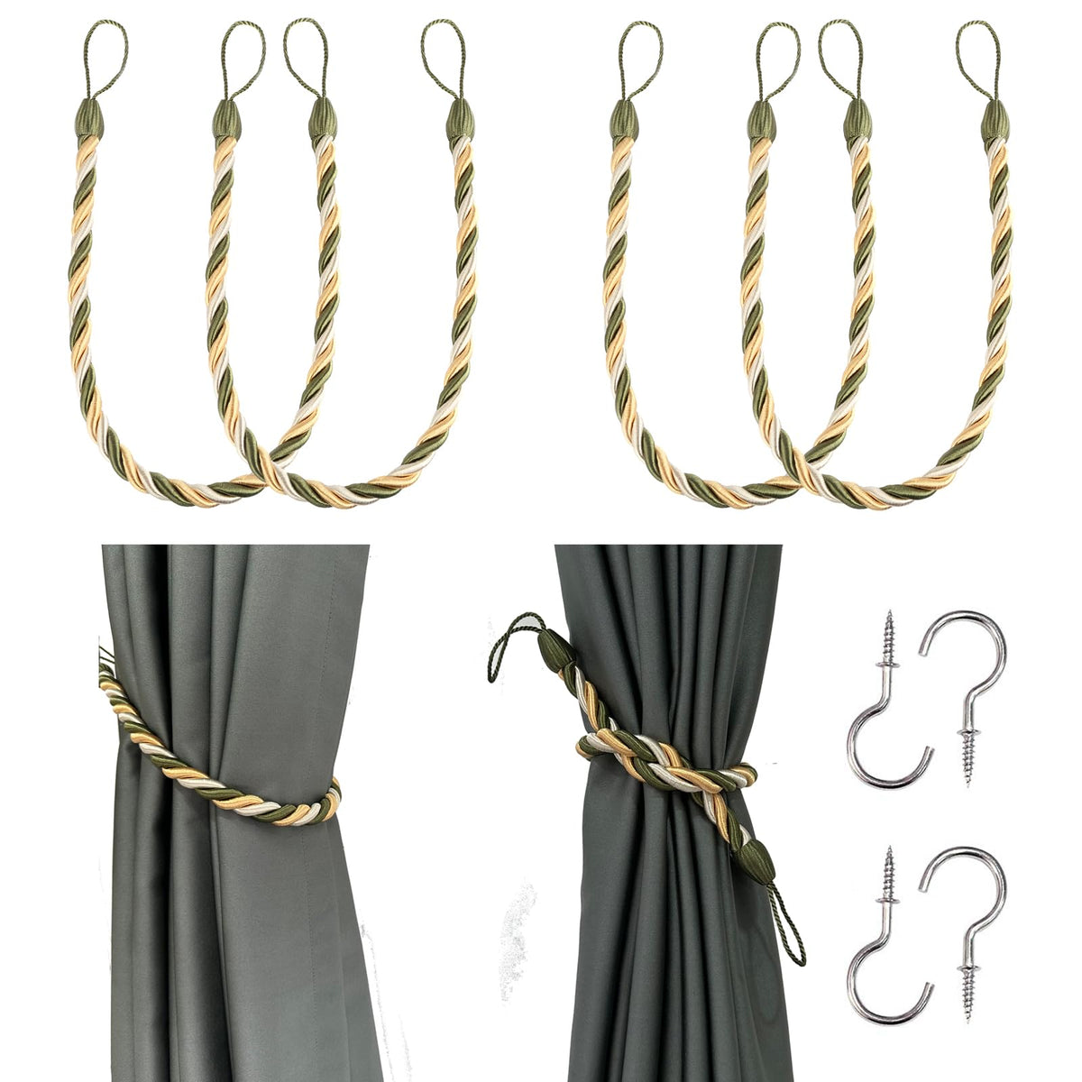 BEL AVENIR Curtain Tiebacks Ropes Tie-Backs,Handmade Holdbacks(Gold,2P)