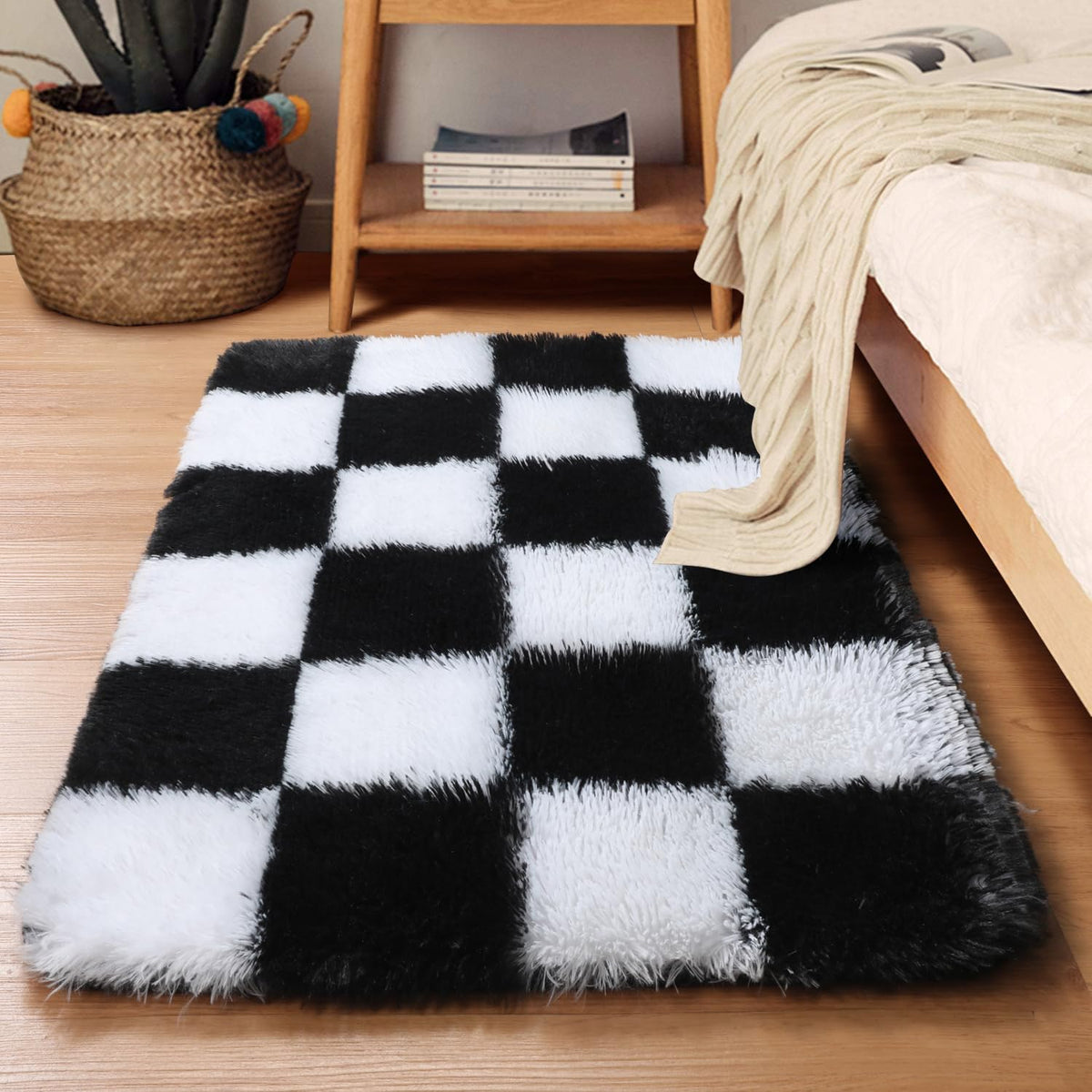 KICMOR Area Rugs 8x10 for Living Room, Large Fluffy Beige and Cream White Checkered Rug Big Fuzzy Shag Shaggy Carpets for Bedroom, Soft Plush Furry Rug for Boy Girls Room Dorm Home Decor Aesthetic