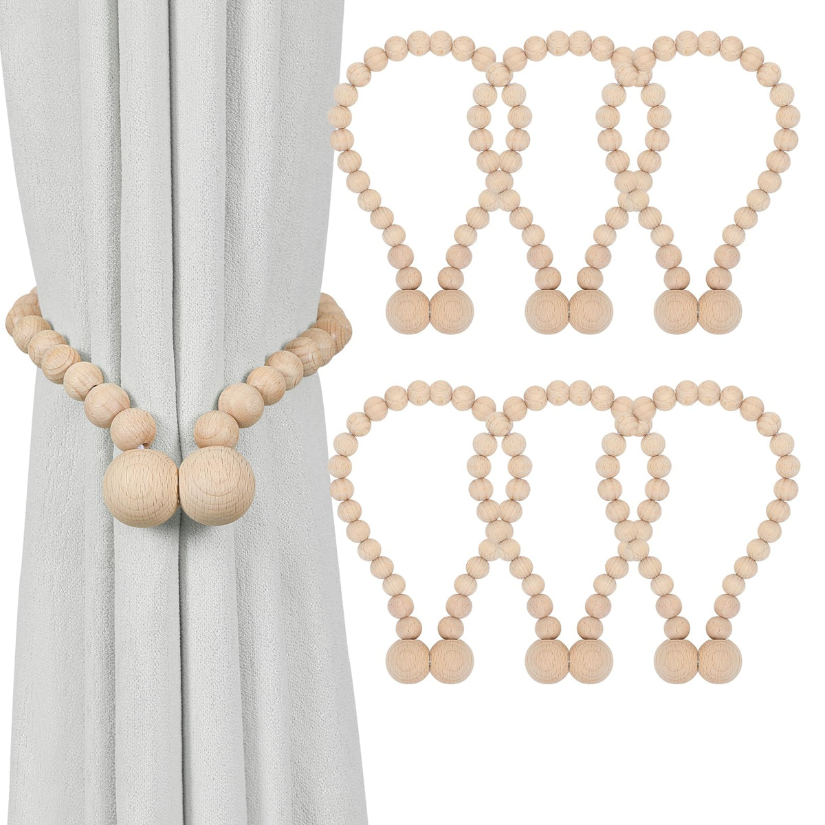 KLOGTSIND Magnetic Curtain Tiebacks, 2 Pack Wood Bead Curtain Holdbacks