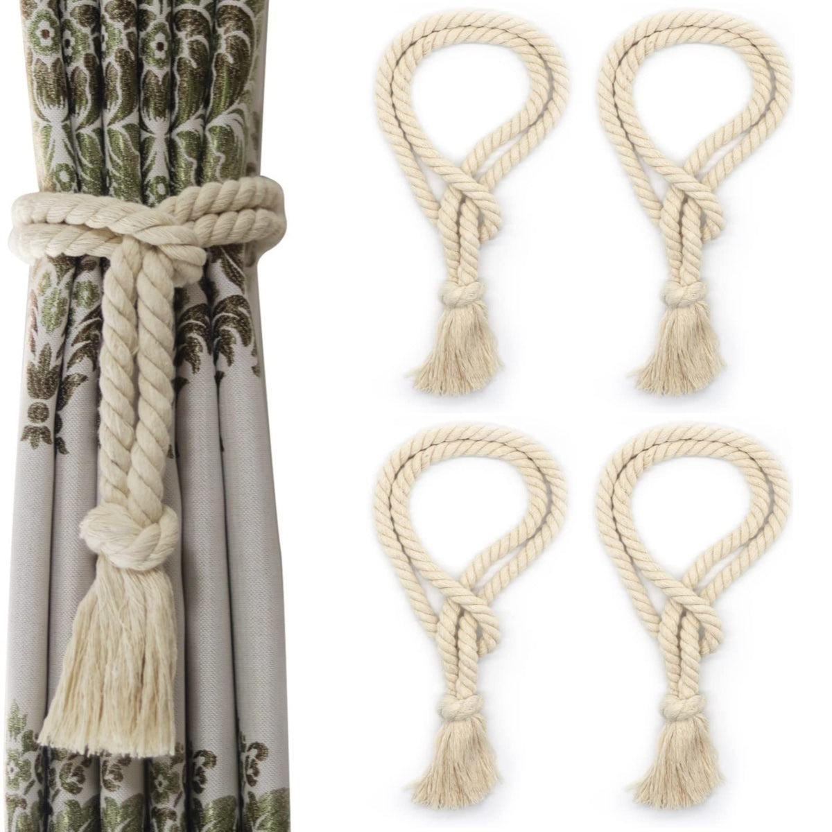 6 Pack Curtain Ties Rope, Outdoor Curtain Tiebacks for Patio Gazebo Pergola Cabana, Natural Cotton Curtain Holders, Village Rural Rustic Farmhouse Curtain Holdbacks for Drapery, Black