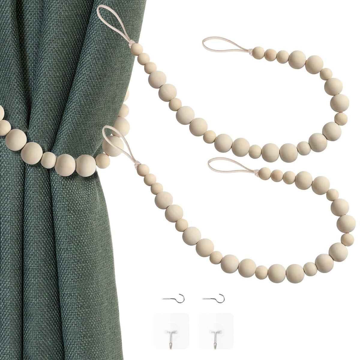 2 Pieces Curtain Tieback Wood Bead Curtain Tiebacks Curtain Holdbacks for Wall Curtain Ties Window Treatment Curtain Tie Backs with Hooks Curtain Pull Backs (Coffee,2) C-1