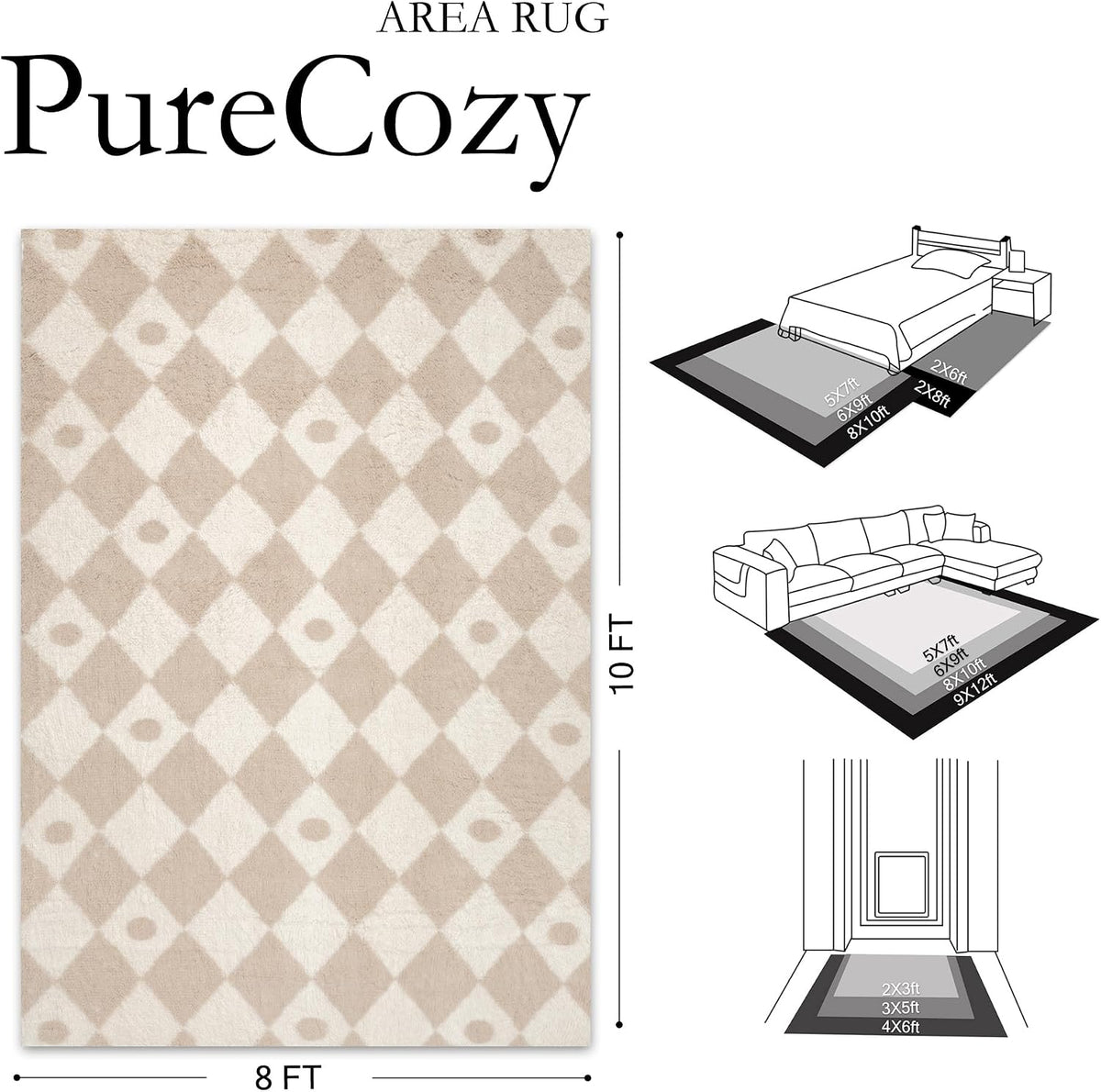 PureCozy Beige 8x10 Area Rug for Living Room Soft Checkered Shag Carpet