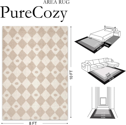 PureCozy Beige 8x10 Area Rug for Living Room Soft Checkered Shag Carpet