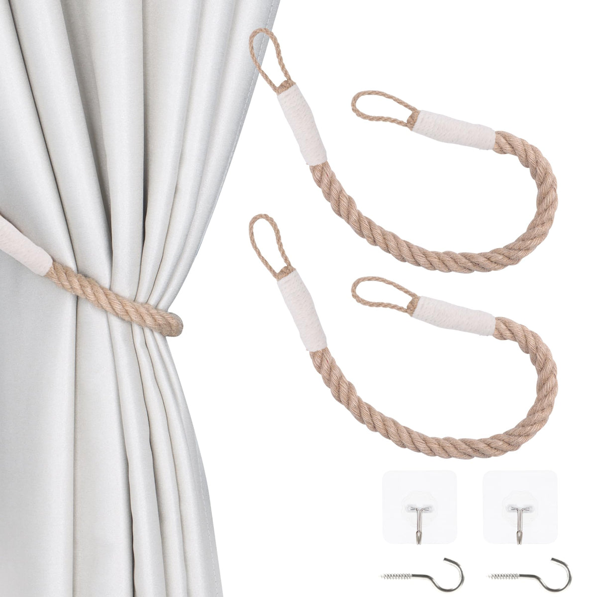 4 Pack Curtain Tiebacks Hemp Rope Curtain Holdbacks, Khaki