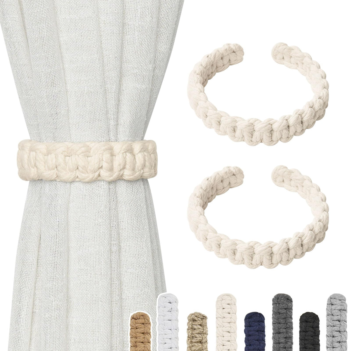 NICEEC 2 Pack Natural Cotton Rope Curtain Tiebacks Farmhouse Rustic Style Decorative Drape Tie Backs Handmade Braided Curtain Holdbacks for Home & Office Sheer/Light Weight Drapery (C-White-S)