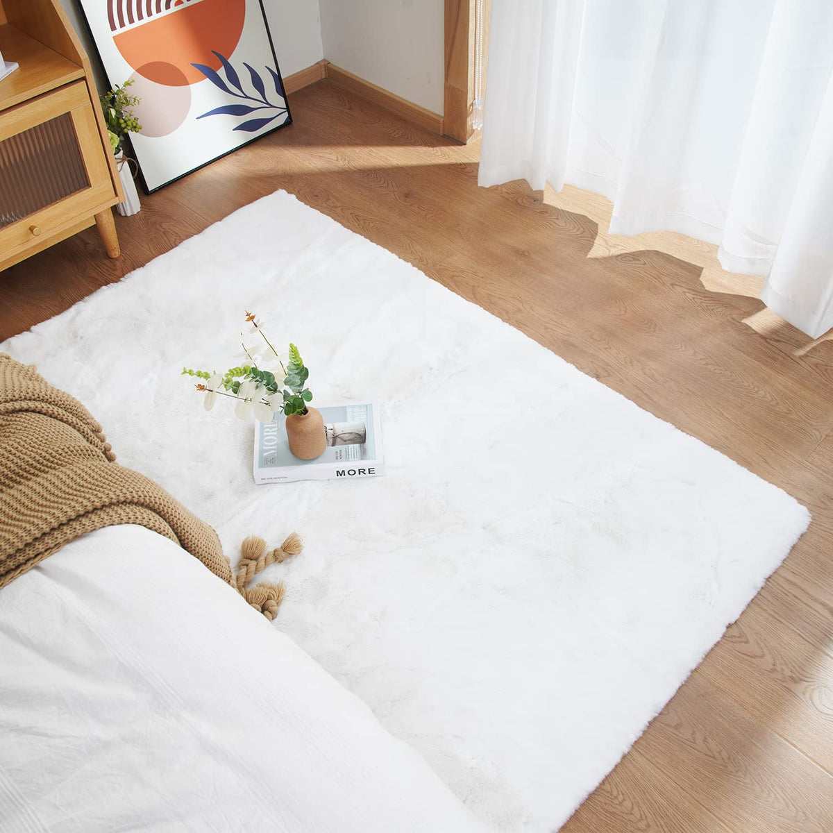 Ghouse White 8x10 Area Rug Fluffy Faux Rabbit Fur Rug White Plush Shag Rug for Living Room Bedroom, Playing Room, Nursery Room
