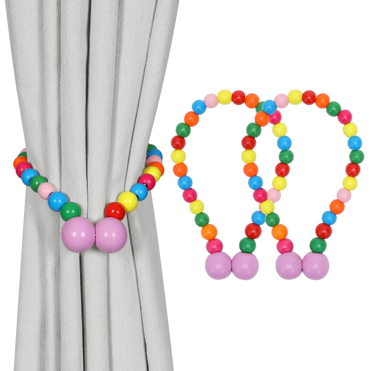 KLOGTSIND Magnetic Curtain Tiebacks, 4 Pack Wood Bead Curtain Holdbacks