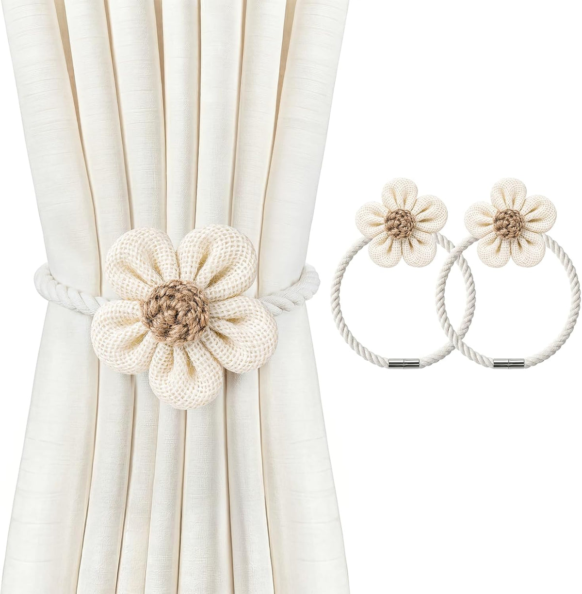VIS'V Magnetic Curtain Tiebacks, Boho Curtain Holdbacks, Cream, 2 Pcs