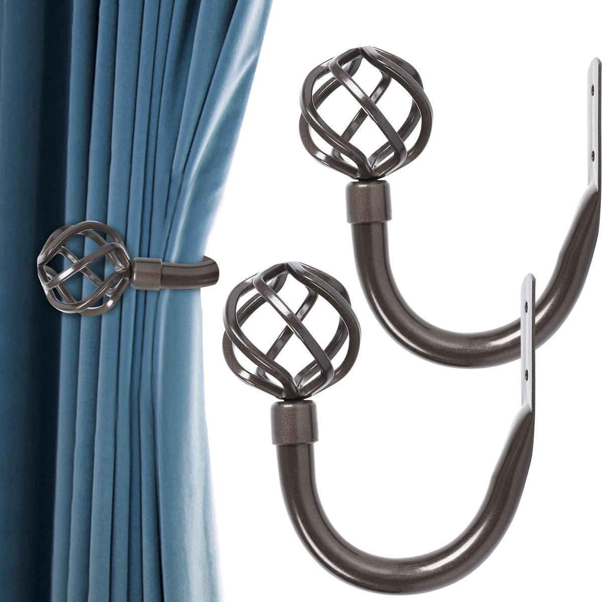 HIKMLK Geometric Industrial Curtain Holdbacks 2pcs, Solid Cast Iron Heavy Duty Curtain Tiebacks for Wall, Side Holder Pull Back Hooks for Drapes Tie Back Home Window Decor (Matt Black)