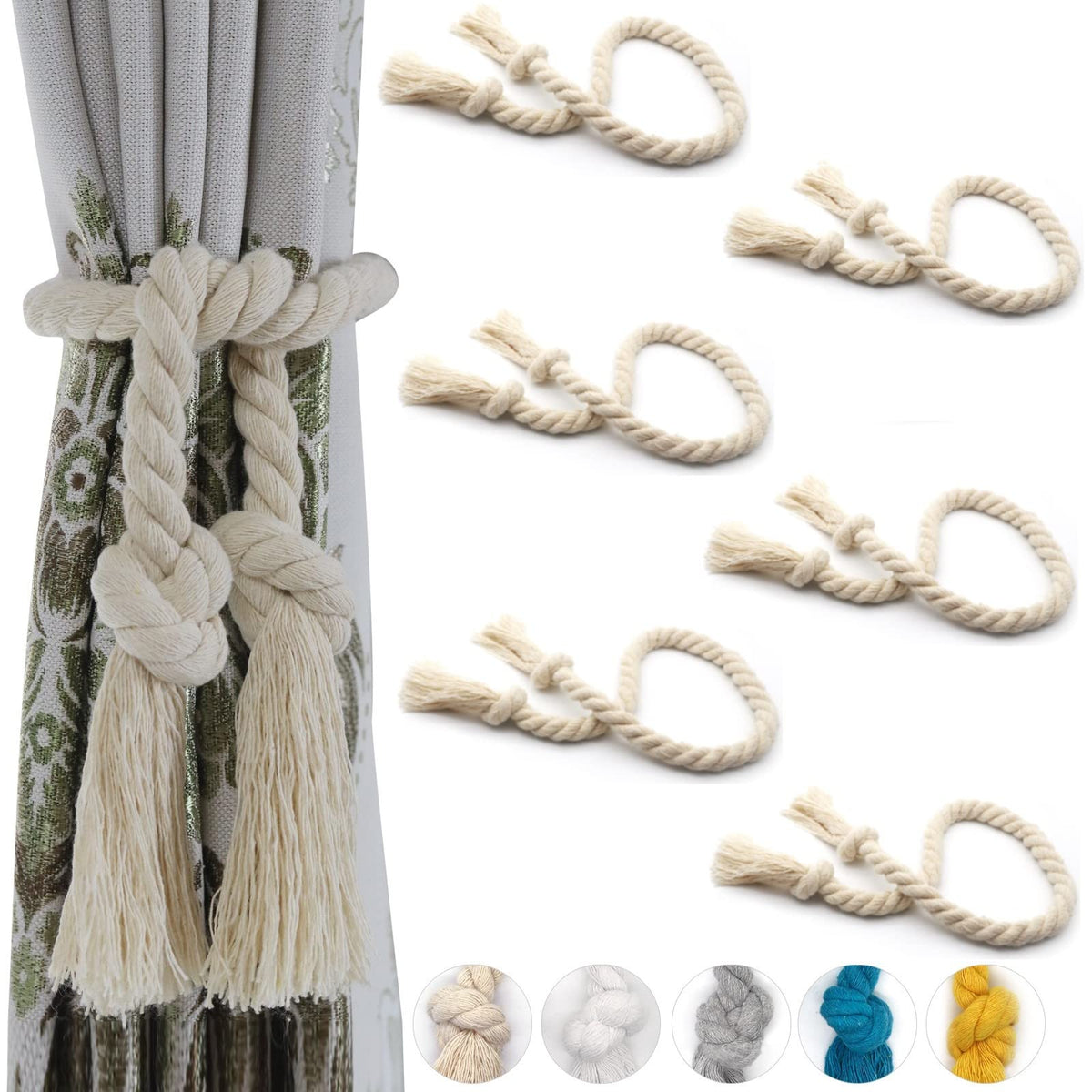 6 Pack Curtain Ties Rope, Outdoor Curtain Tiebacks for Patio Gazebo Pergola Cabana, Natural Cotton Curtain Holders, Village Rural Rustic Farmhouse Curtain Holdbacks for Drapery, Black