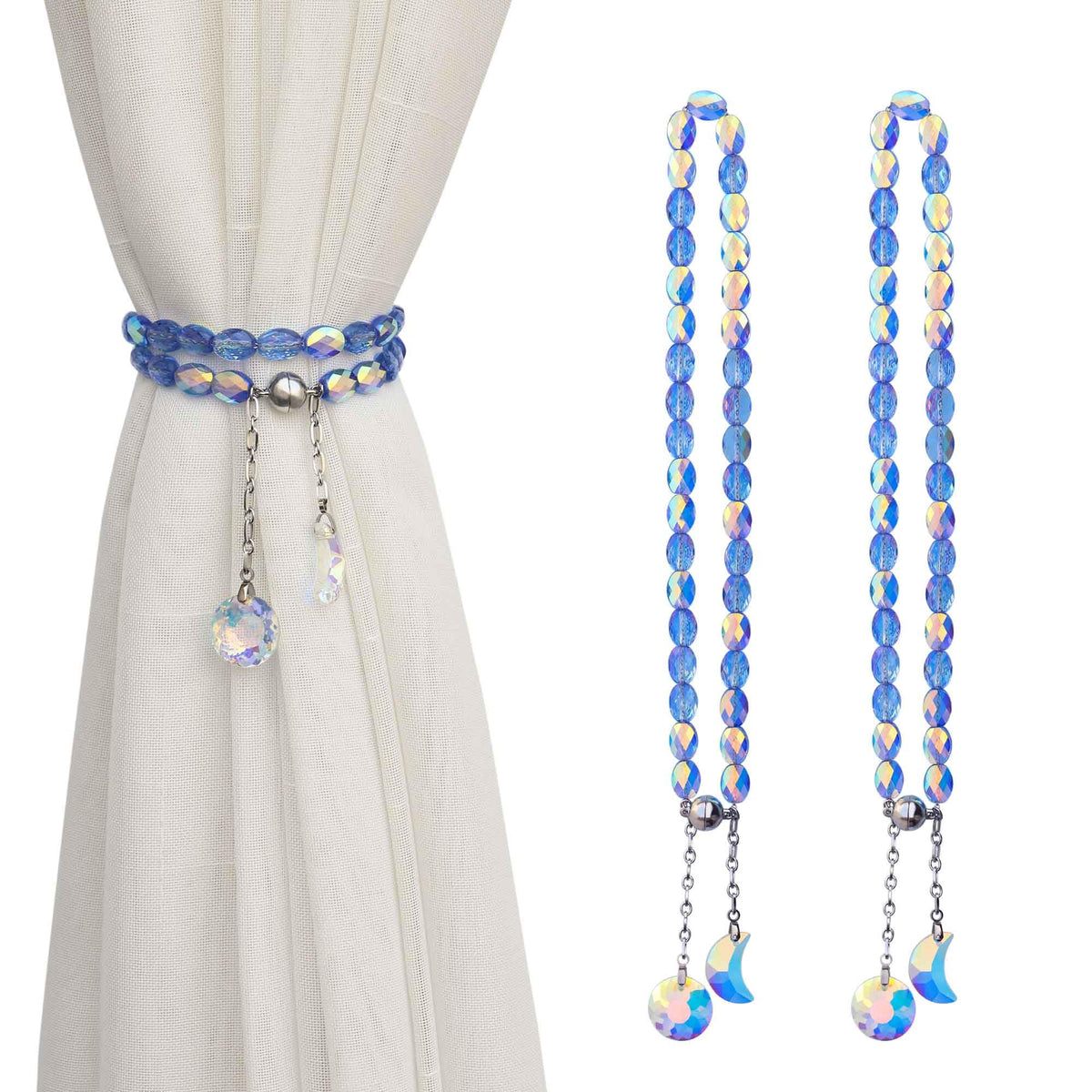 PEDOBO Magnetic Curtain Tiebacks, 2 Pack Crystal Beaded Sun & Moon Pendants Sheers/Draperies Holdbacks for Window Home Office Decor (Purple)