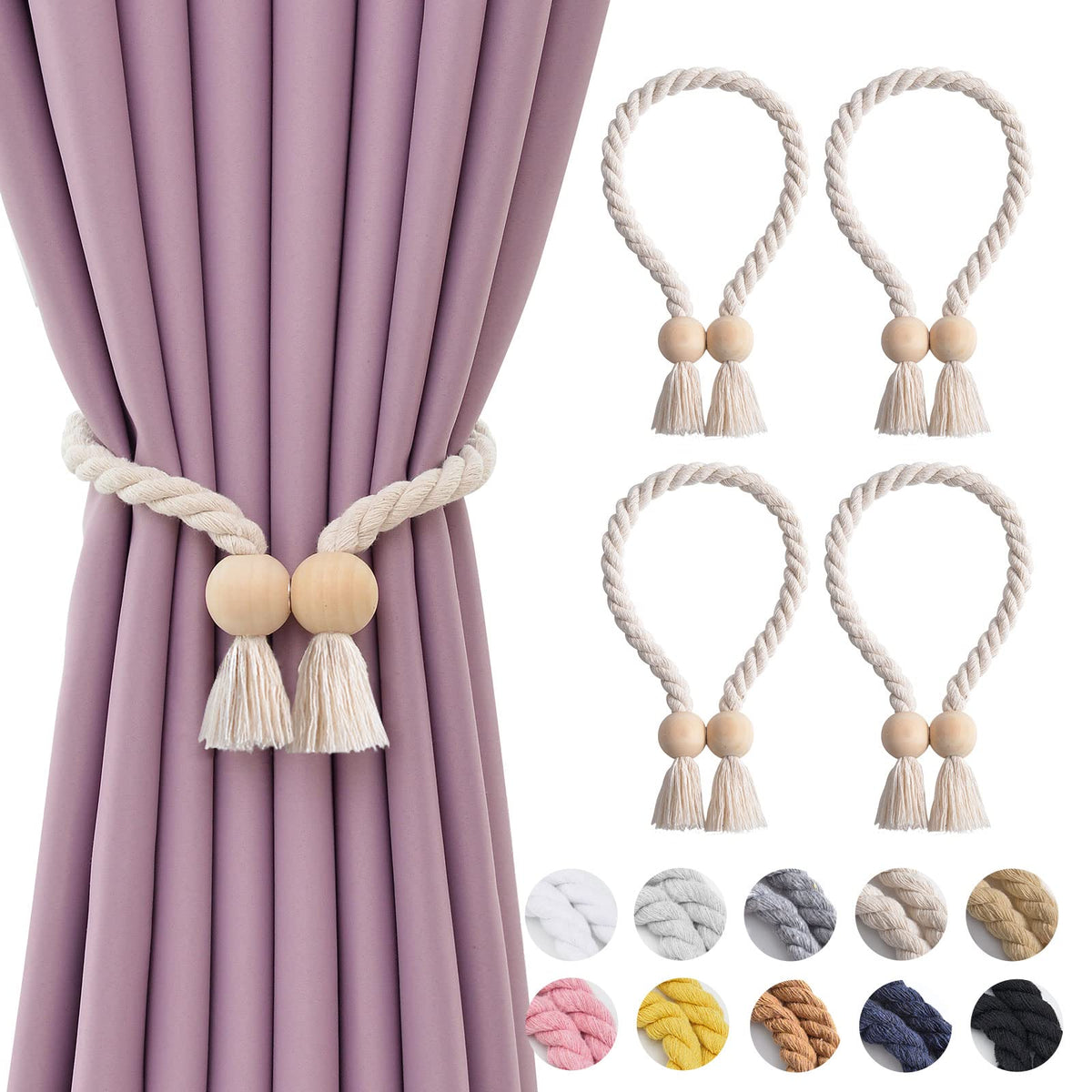 NICEEC 2 Pack Wooden Ball Magnetic Curtain Tiebacks Boho Home Decor Drape Tie Backs Natural Cotton Hand Woven Rope Curtain Holdbacks for Thin & Thick Home & Office Window Draperies (Beige)