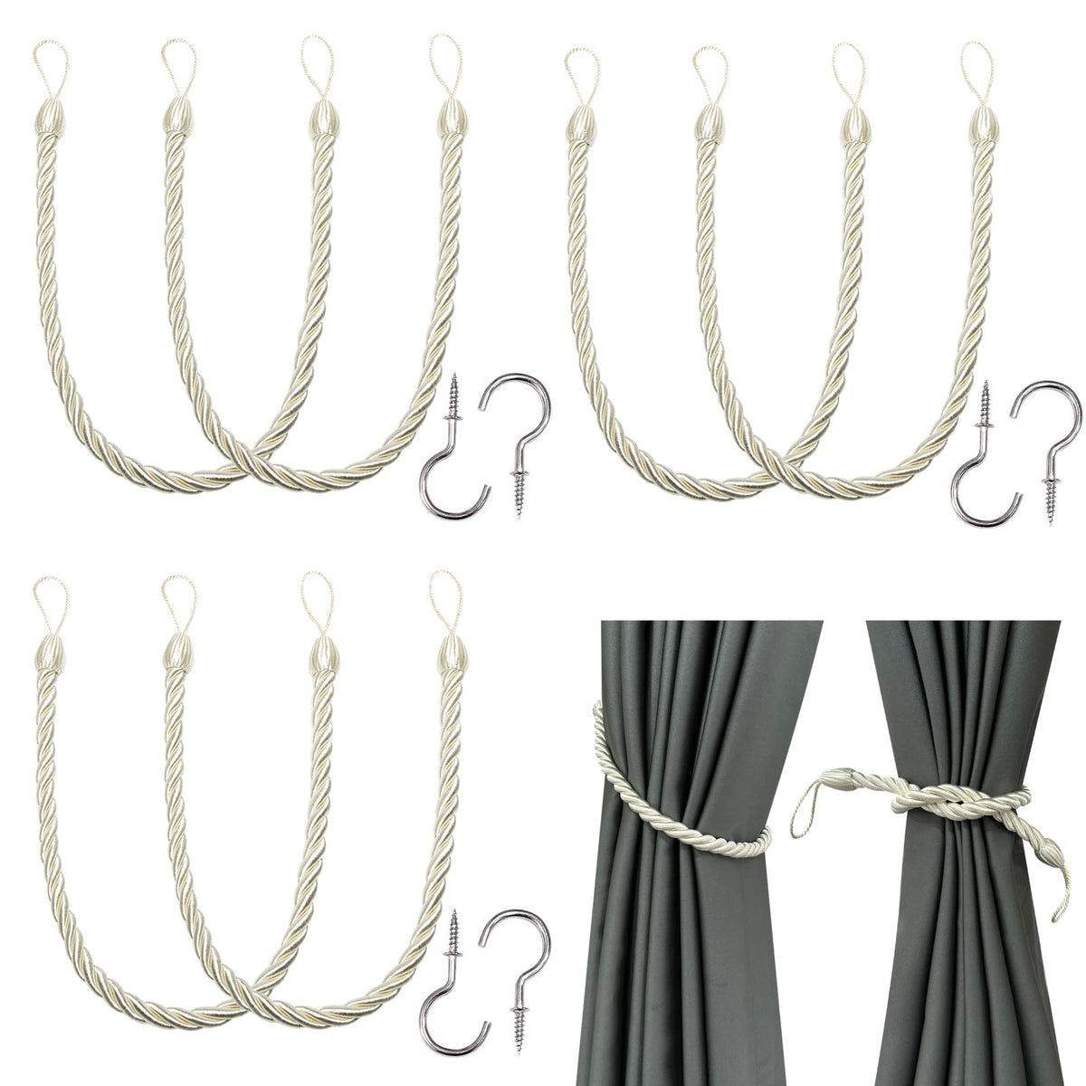 BEL AVENIR Curtain Tiebacks Ropes Tie-Backs,Handmade Holdbacks(Gold,2P)
