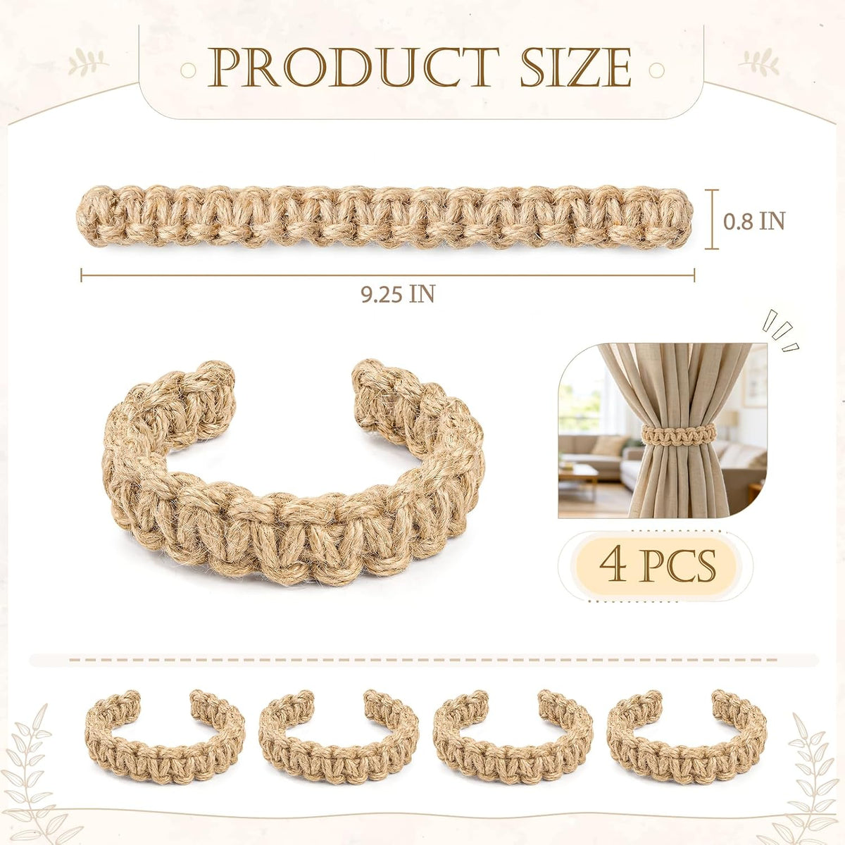 Boho Curtain Tiebacks, Braided Curtain Holdbacks, Brown, 4 Pcs