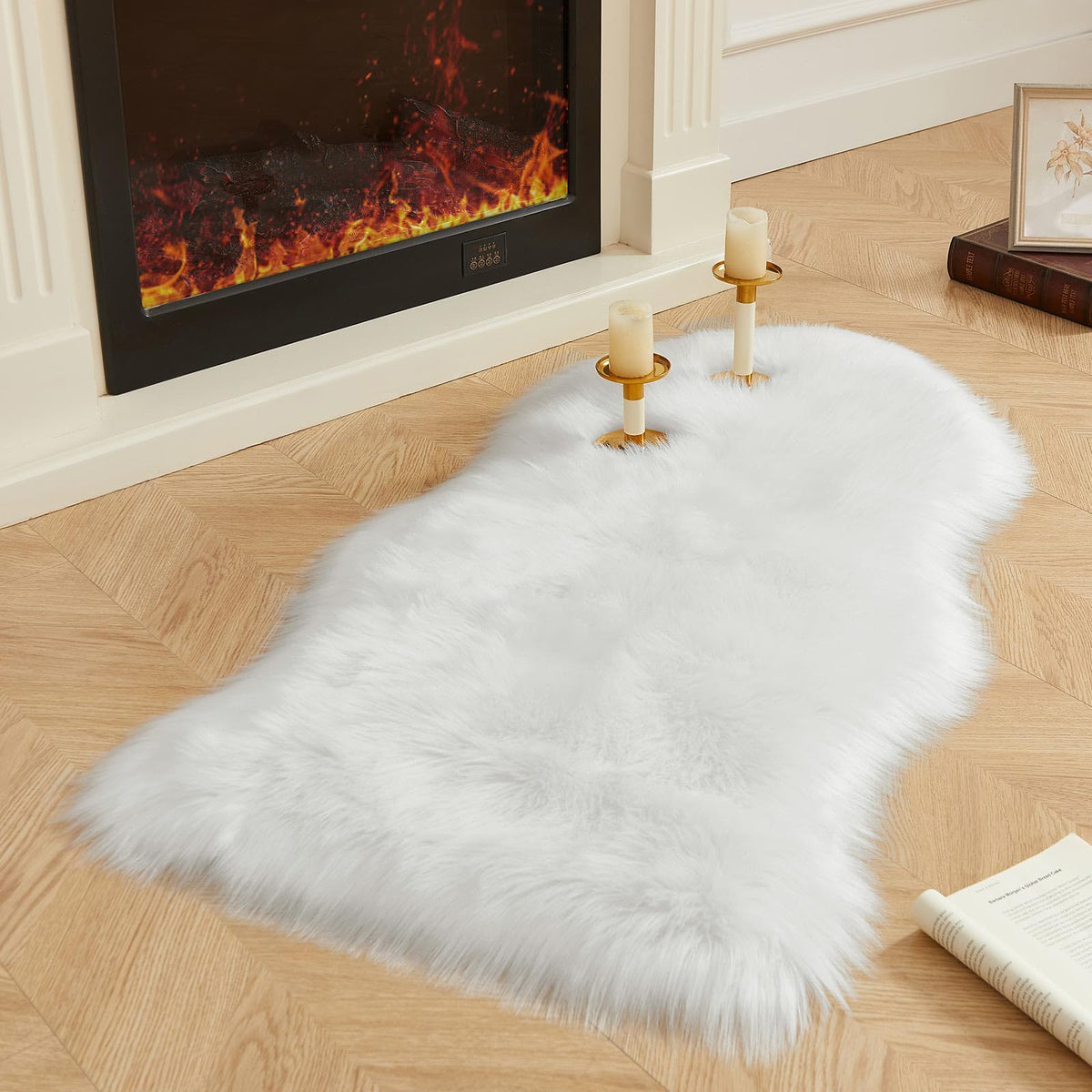 AMTOVO Faux Sheepskin Rug, Beige Ultra Soft Fluffy Shag Area Rug, 2 x 6 ft Faux Fur Rug for Bedroom Sofa Throw Cushion Room Decor, Sheepskin