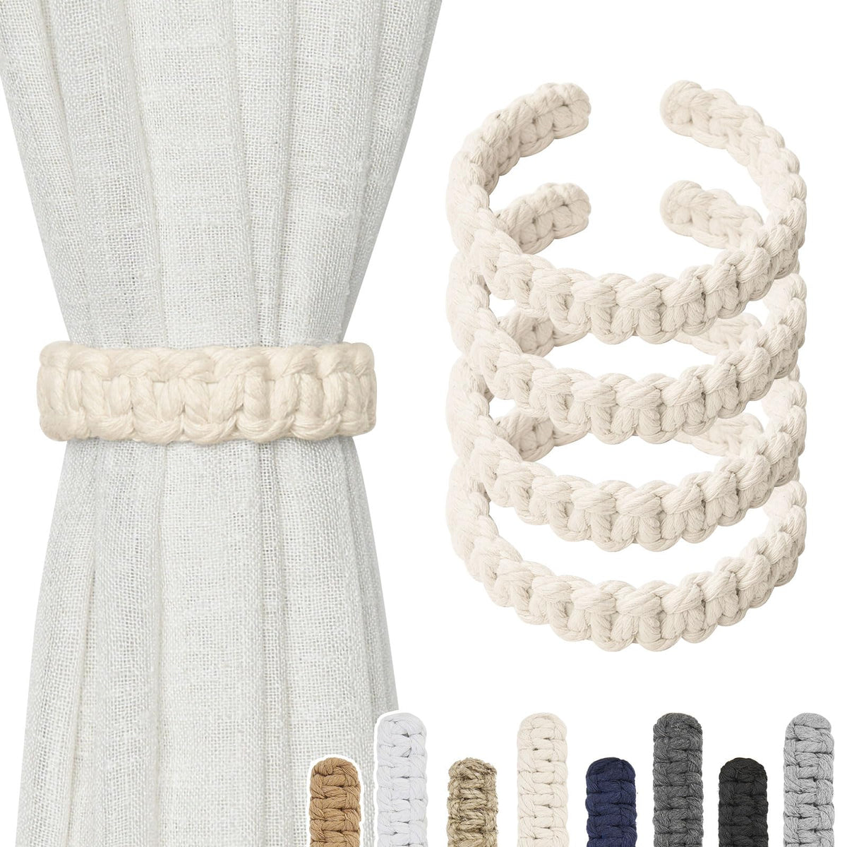 NICEEC 2 Pack Natural Cotton Rope Curtain Tiebacks Farmhouse Rustic Style Decorative Drape Tie Backs Handmade Braided Curtain Holdbacks for Home & Office Sheer/Light Weight Drapery (C-White-S)