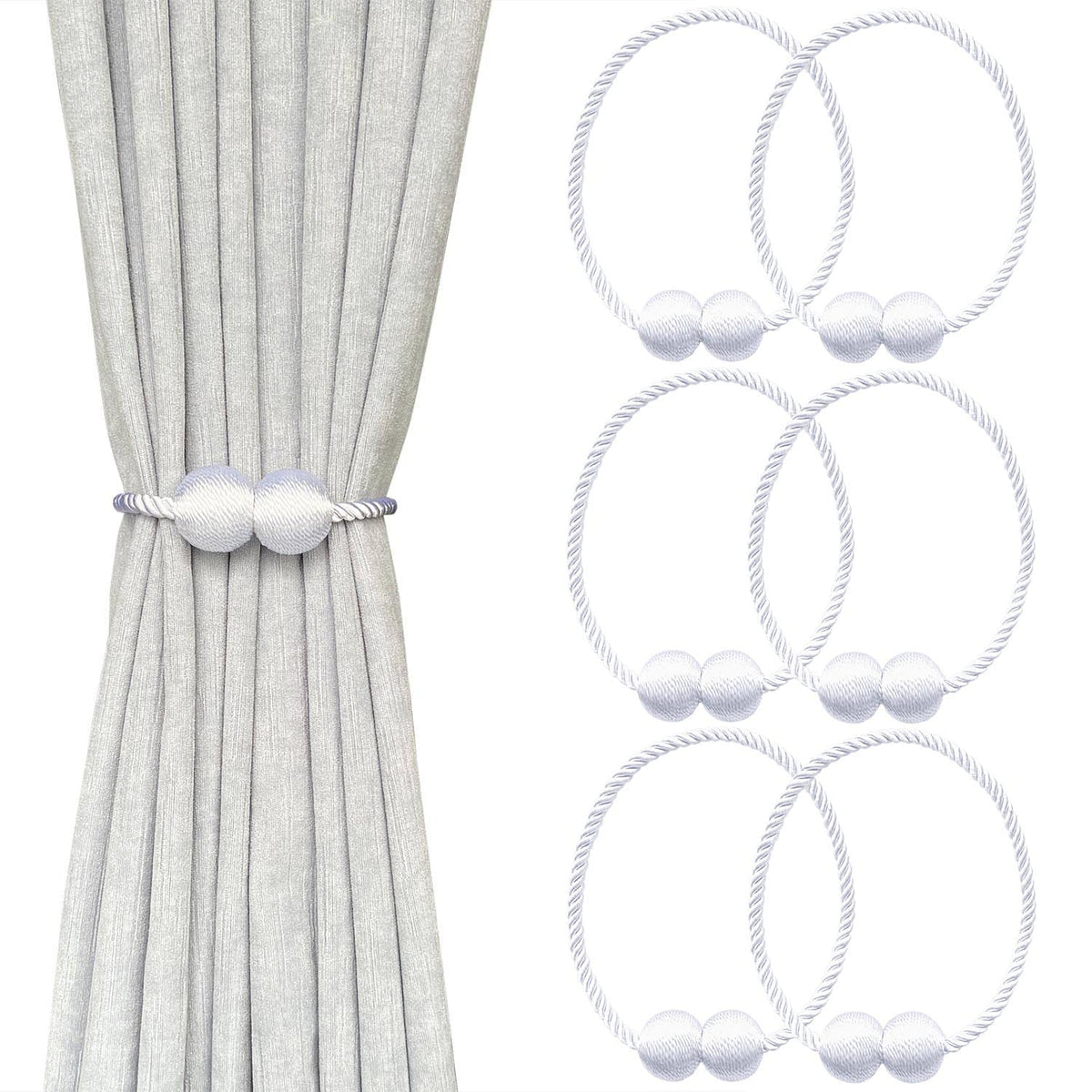 MELALUXE 6 Pack Magnetic Curtain Tiebacks, Decorative Curtain Holdbacks for Window Décor (Grey)