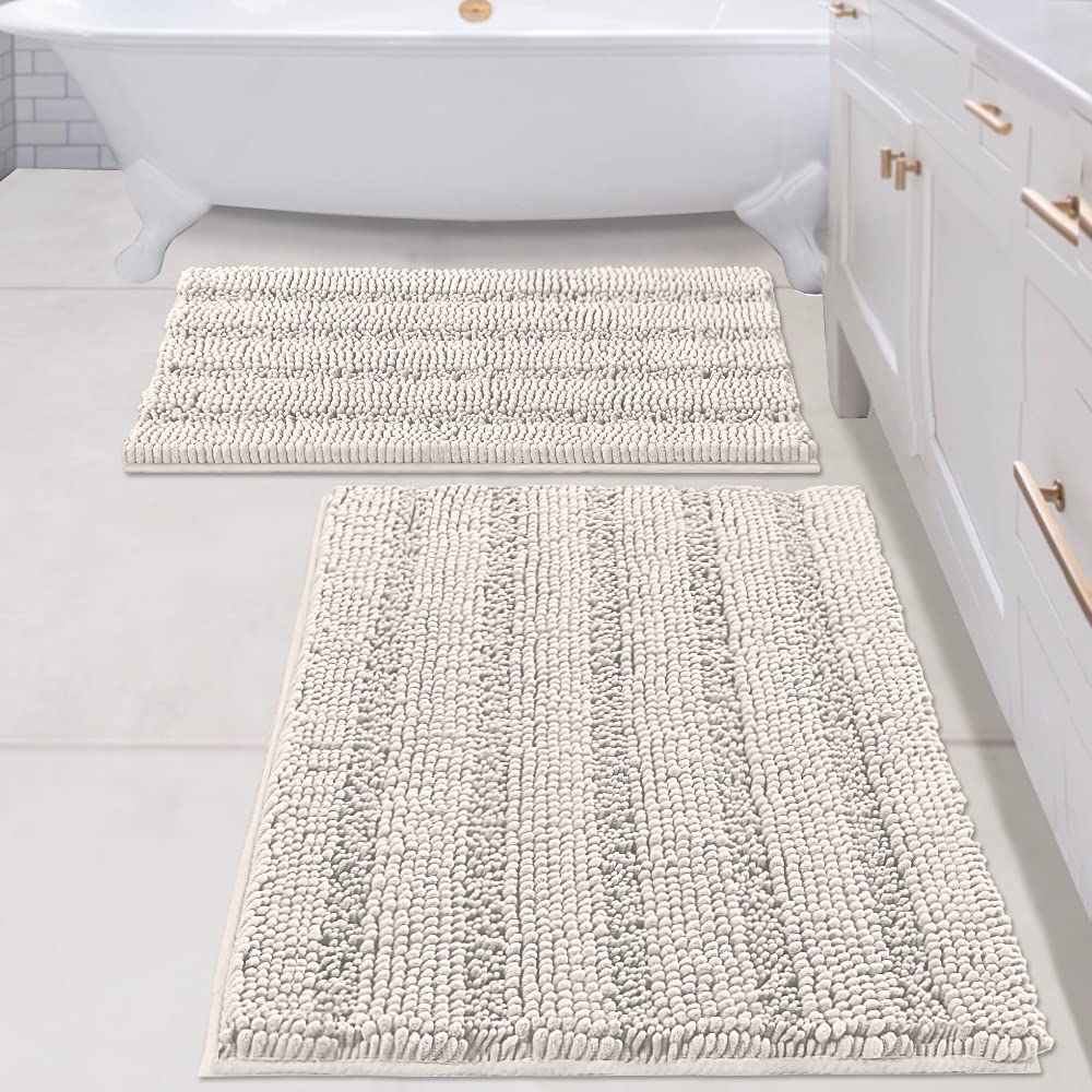 H.VERSAILTEX Sage Bathroom Rugs, Bath Mat Set of 2 Extra Thick Chenille Striped Pattern Shaggy Bath Rugs for Bath Room, Non Skid Bath Mats for Bathroom Floor (32 x 20 Plus 24 x 17 - Inches)