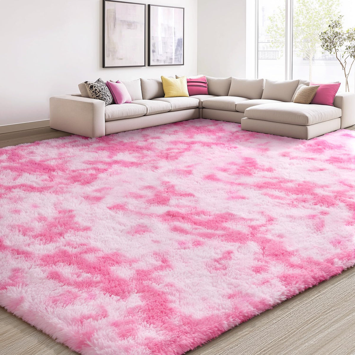EVOIONOS Area Rug for Bedroom Living Room, Machine Washable 5x7 Fluffy Shag Rug, Soft Plush Non Slip Carpet for Indoor Floor Bedside Nursery Kids Girls Room Dorm, Home Decor Aesthetic, ‌Tie-Dye Camel