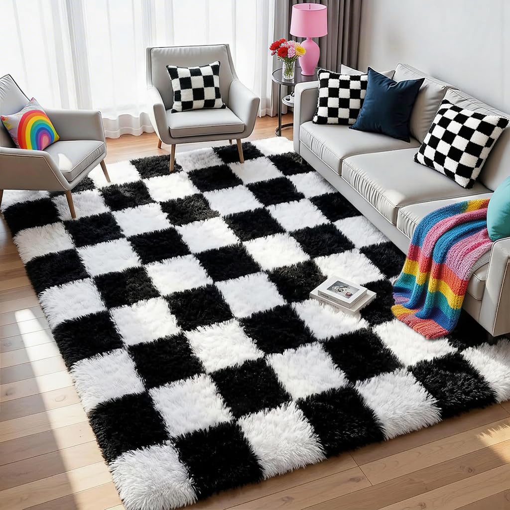 KICMOR Area Rugs 8x10 for Living Room, Large Fluffy Beige and Cream White Checkered Rug Big Fuzzy Shag Shaggy Carpets for Bedroom, Soft Plush Furry Rug for Boy Girls Room Dorm Home Decor Aesthetic
