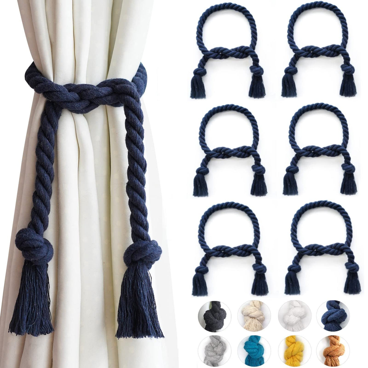 6 Pack Curtain Ties Rope, Outdoor Curtain Tiebacks for Patio Gazebo Pergola Cabana, Natural Cotton Curtain Holders, Village Rural Rustic Farmhouse Curtain Holdbacks for Drapery, Black