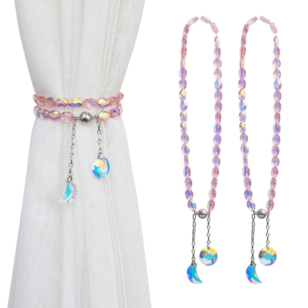 PEDOBO Magnetic Curtain Tiebacks, 2 Pack Crystal Beaded Sun & Moon Pendants Sheers/Draperies Holdbacks for Window Home Office Decor (Purple)