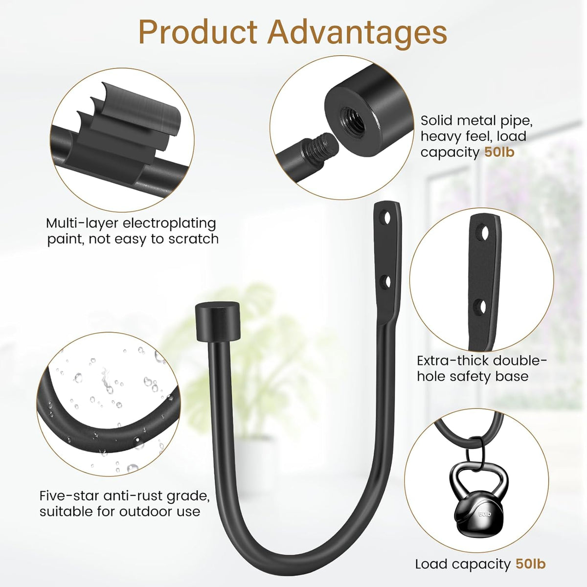 HIKMLK Minimalist Curtain Holdbacks 2pcs, 100% Cast Iron Solid Heavy Duty Metal Curtain Tieback Side Holders for Wall, Curtain Tie Hook Pull Backs for Drapes Window Home Decoration（Matte Black）