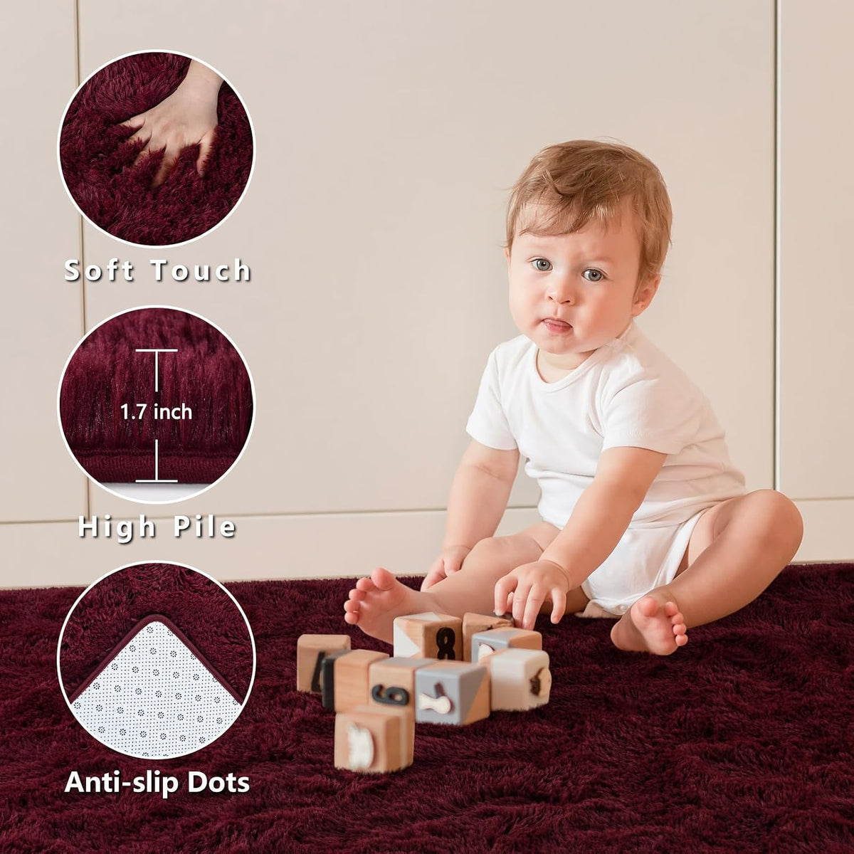 Nuttumico Burgundy Fluffy Shag Area Rug for Living Room Bedroom, 6x9 Feet Ultra Soft Indoor Modern Plush Fuzzy Rug, Thickened Carpet for Kids Playroom, High Pile, Non Slipping