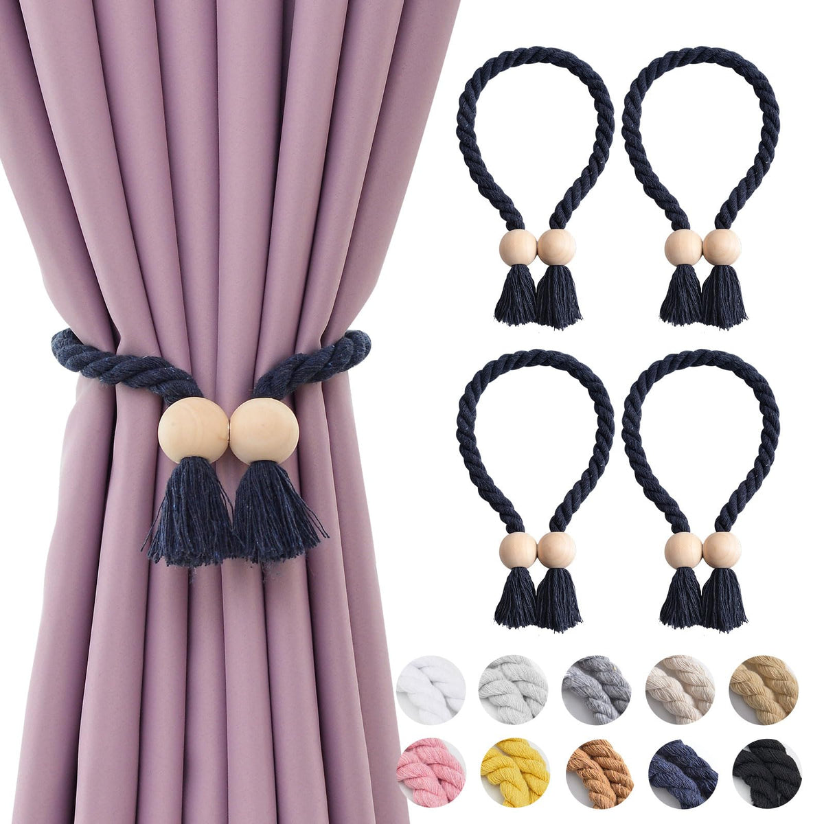 NICEEC 2 Pack Wooden Ball Magnetic Curtain Tiebacks Boho Home Decor Drape Tie Backs Natural Cotton Hand Woven Rope Curtain Holdbacks for Thin & Thick Home & Office Window Draperies (Beige)