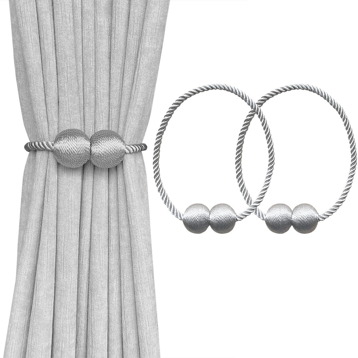 MELALUXE 6 Pack Magnetic Curtain Tiebacks, Decorative Curtain Holdbacks for Window Décor (Grey)
