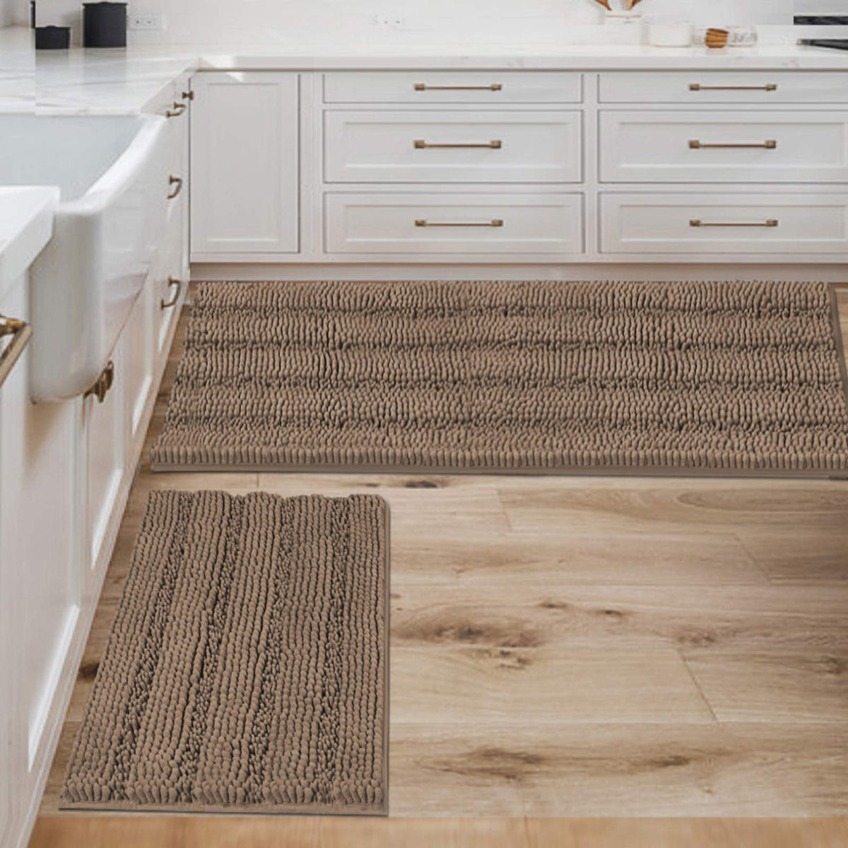 H.VERSAILTEX Sage Bathroom Rugs, Bath Mat Set of 2 Extra Thick Chenille Striped Pattern Shaggy Bath Rugs for Bath Room, Non Skid Bath Mats for Bathroom Floor (32 x 20 Plus 24 x 17 - Inches)