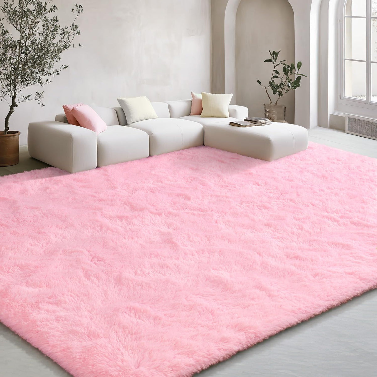 EVOIONOS Pink Round Rug for Bedroom, 4x4 Ft Fluffy Soft Circle Area Rugs for Living Room, Plush Shaggy Circular Carpet for Indoor Floor Bedside Girls Nursery, Machine-Washable Home Decor Aesthetic