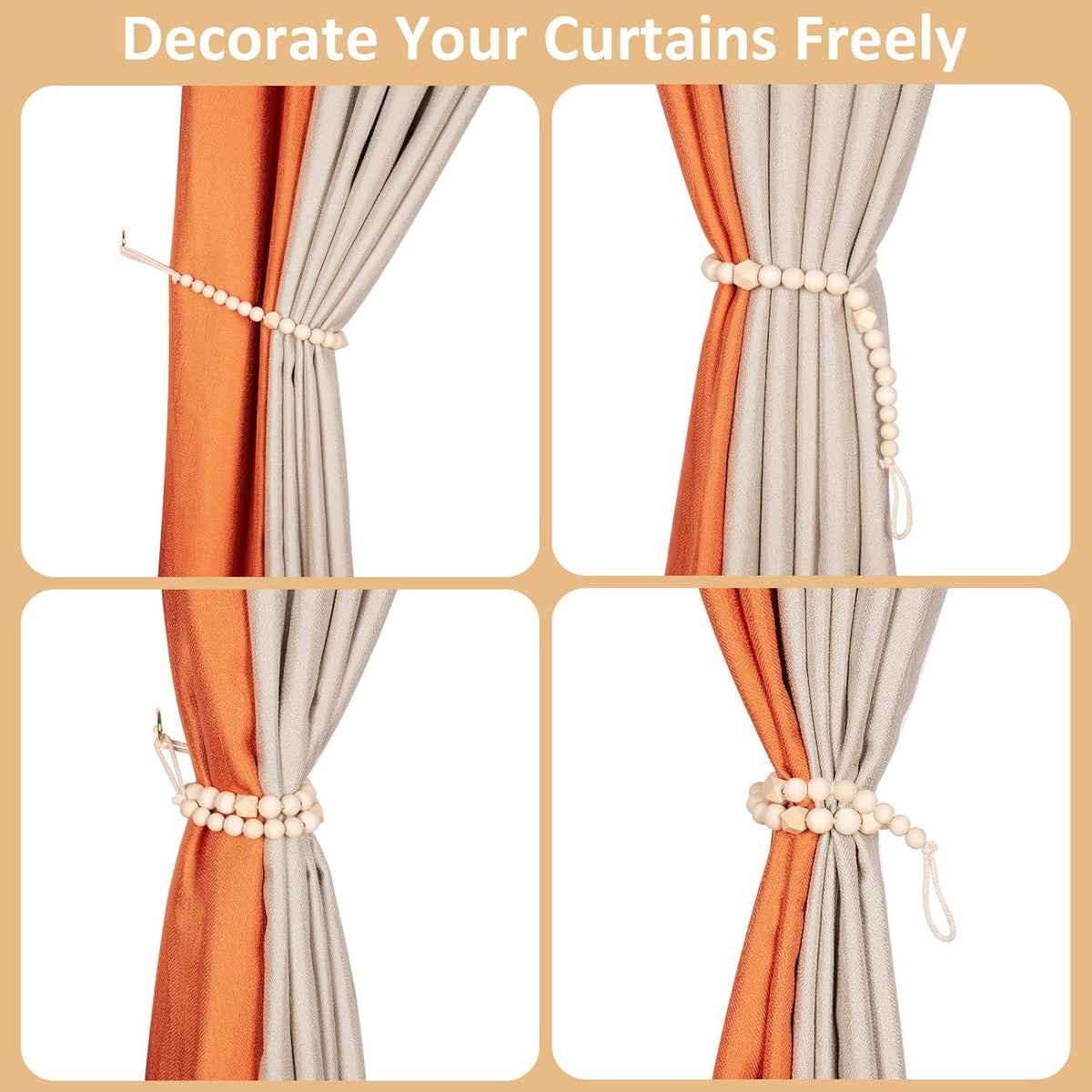 KLOGTSIND Wood Bead Curtain Tiebacks, 2 Pack Curtain Tie Backs with Hooks