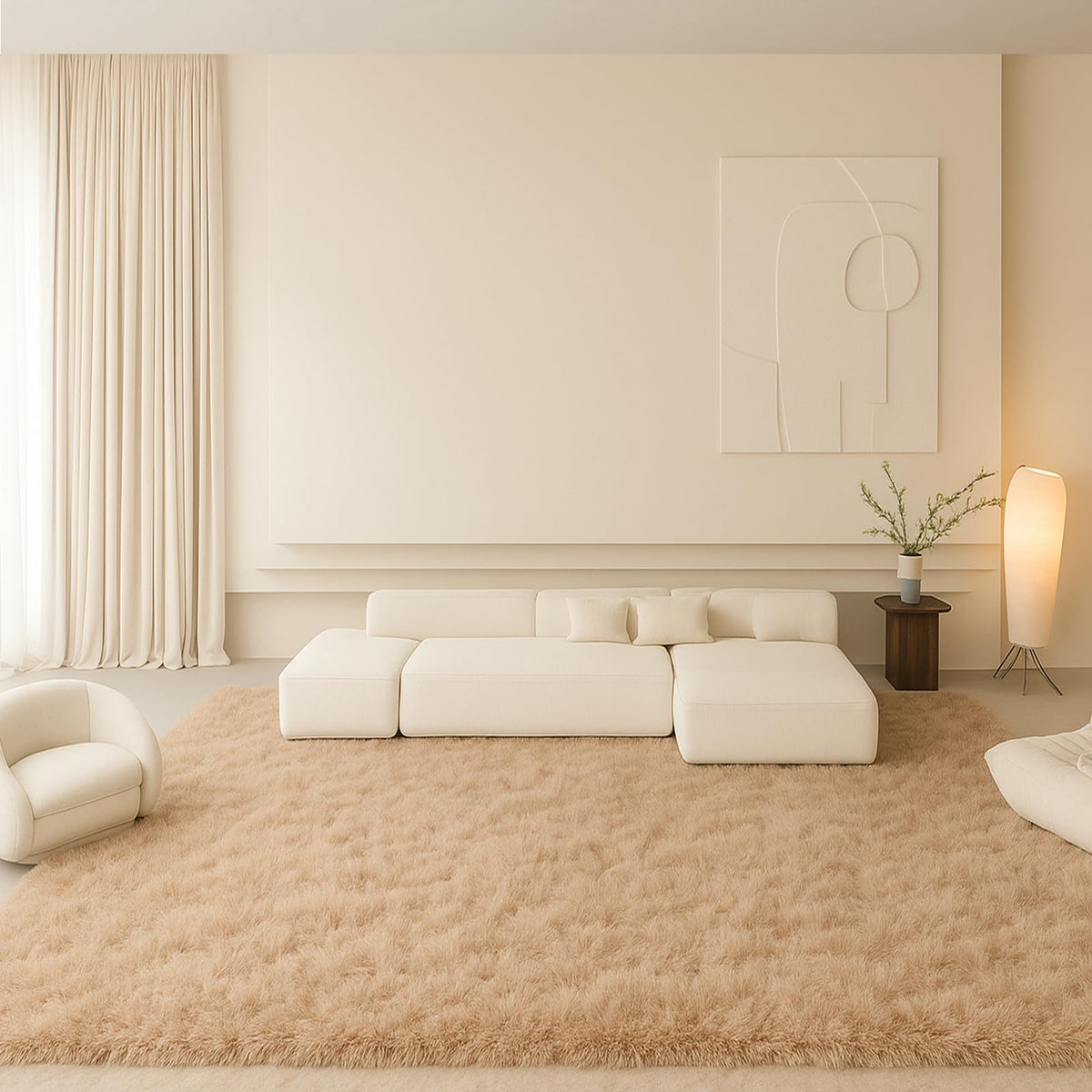 8x10 Beige Fluffy Shag Area Rug, Non-Slip Soft Carpet for Home