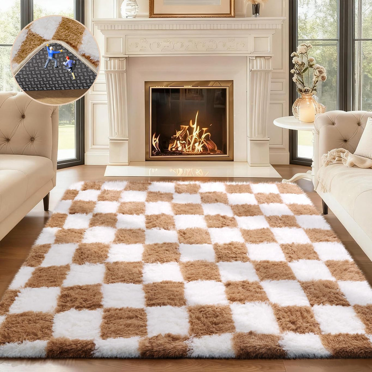 Ophanie 8x10 Area Rugs for Living Room, Washable Non-Slip Fluffy Soft Large Shag Bedroom Carpet, Ivory Big Indoor Nursery Rug, Carpets for Boy and Girls Room Dorm Decor with Over 99 pcs Pile fibers