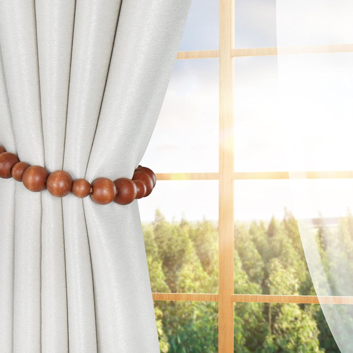 2 Pieces Curtain Tieback Wood Bead Curtain Tiebacks Curtain Holdbacks for Wall Curtain Ties Window Treatment Curtain Tie Backs with Hooks Curtain Pull Backs (Coffee,2) C-1