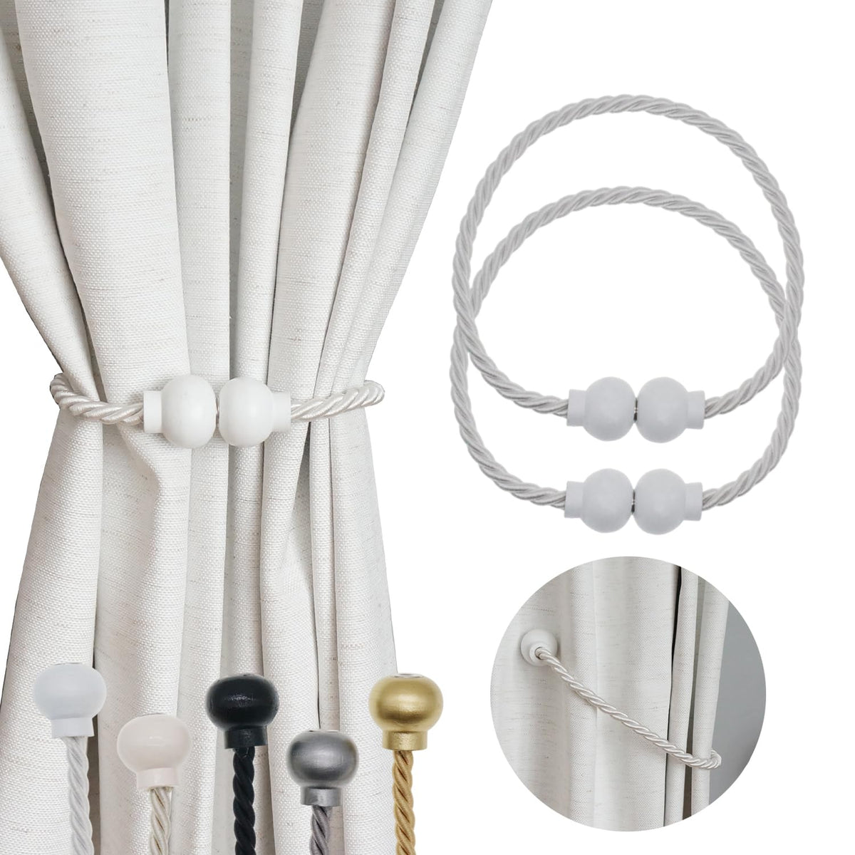 2 Pack Magnetic Curtain Tiebacks Modern Handmade Rope Curtain Tie Backs Decorative Drapes Weave Holdbacks for Home Outdoor Bedroom Office Decorative Curtain, Gold
