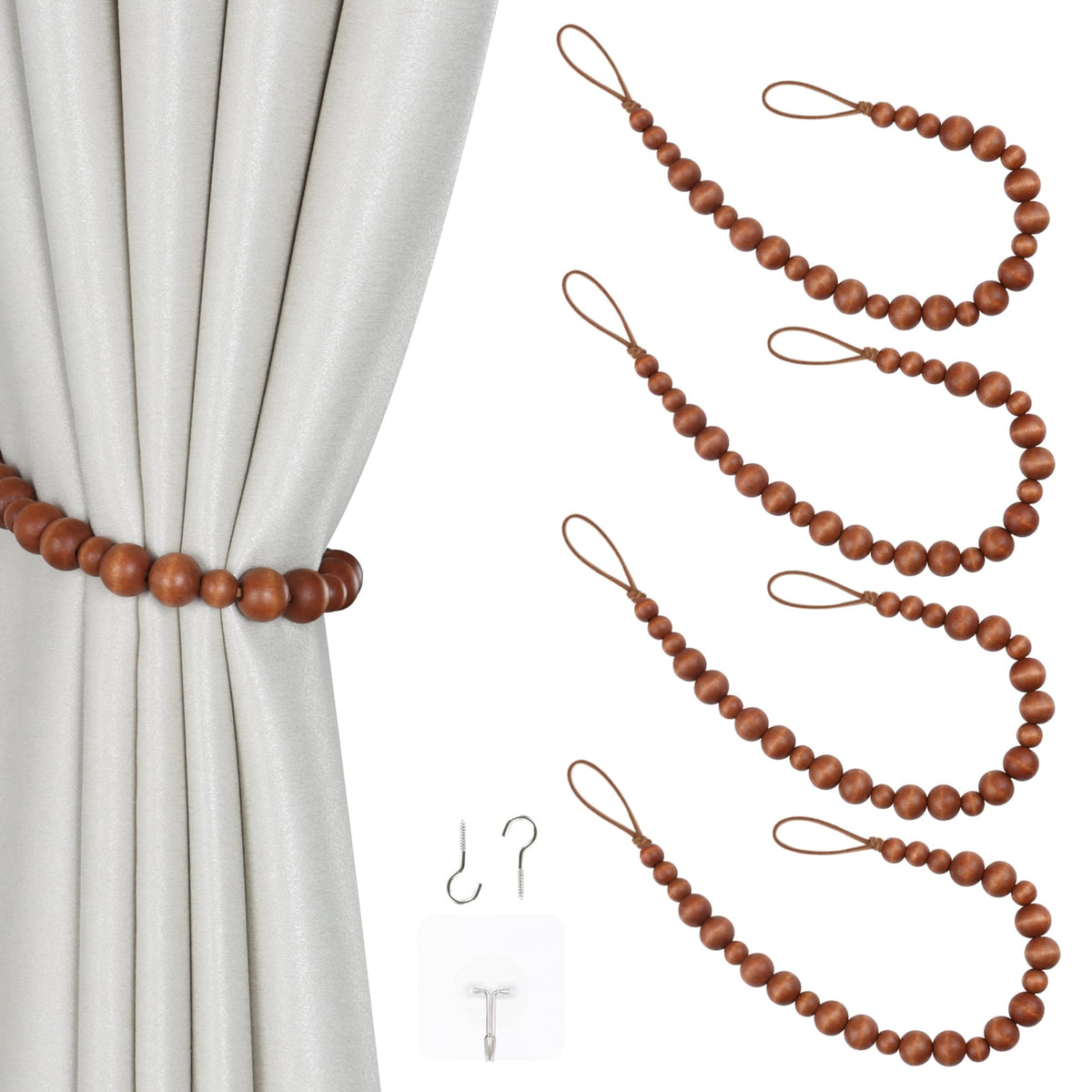 2 Pieces Curtain Tieback Wood Bead Curtain Tiebacks Curtain Holdbacks for Wall Curtain Ties Window Treatment Curtain Tie Backs with Hooks Curtain Pull Backs (Coffee,2) C-1