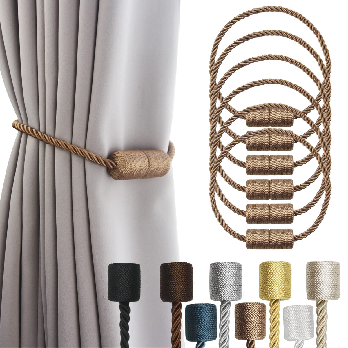 2 Pack Grey Strong Magnetic Curtain Tiebacks Outdoor Elegant Decorative Tie Backs Modern Rope Tiebacks for Drapes Window Curtain Holdbacks for Draperies
