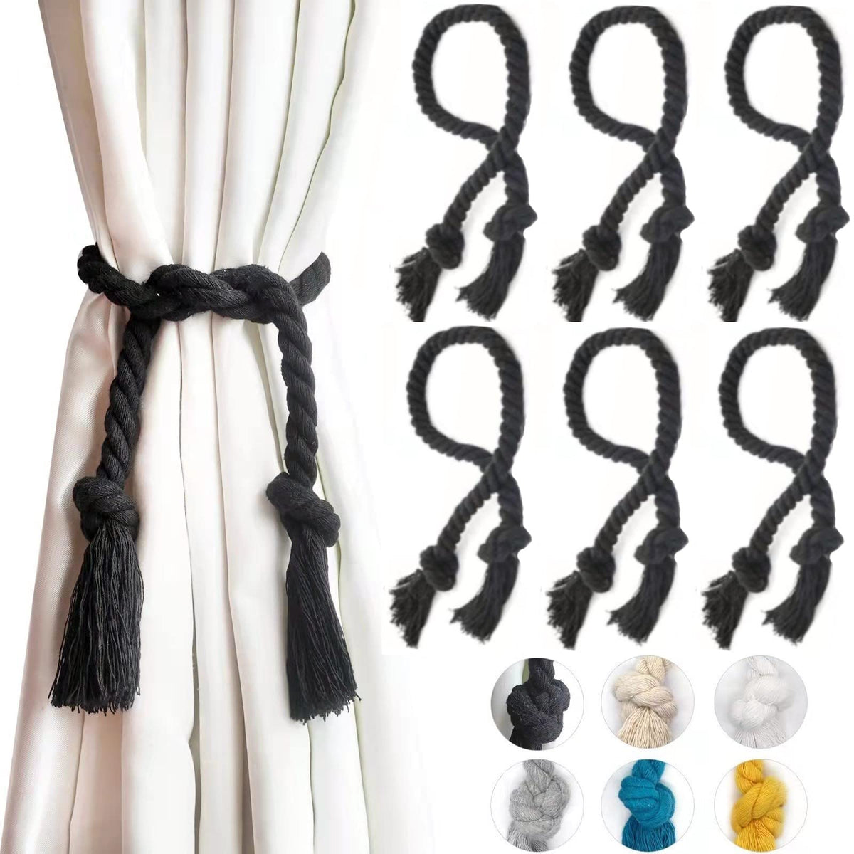 6 Pack Curtain Ties Rope, Outdoor Curtain Tiebacks for Patio Gazebo Pergola Cabana, Natural Cotton Curtain Holders, Village Rural Rustic Farmhouse Curtain Holdbacks for Drapery, Black