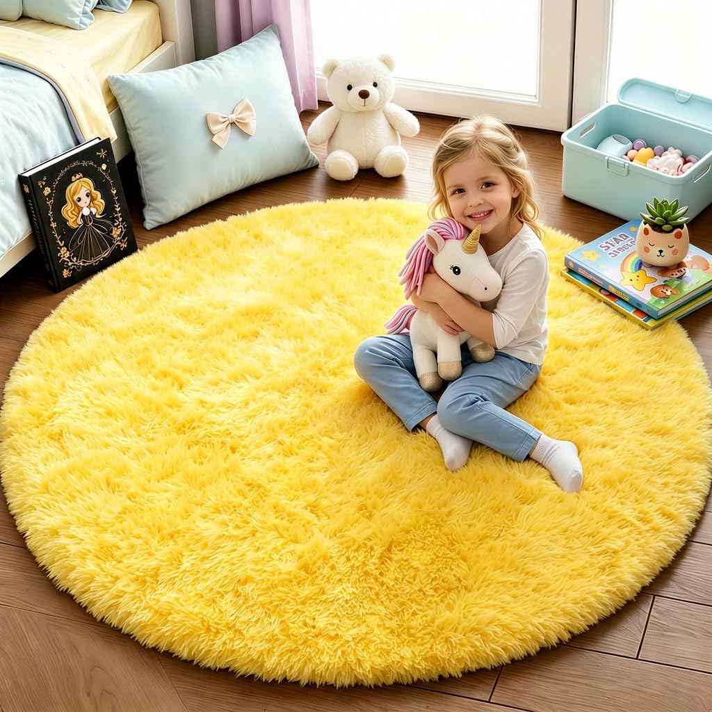 Pink Round Rug for Girls Bedroom 4Ft, Fluffy Shaggy Fuzzy Circle Area Rugs