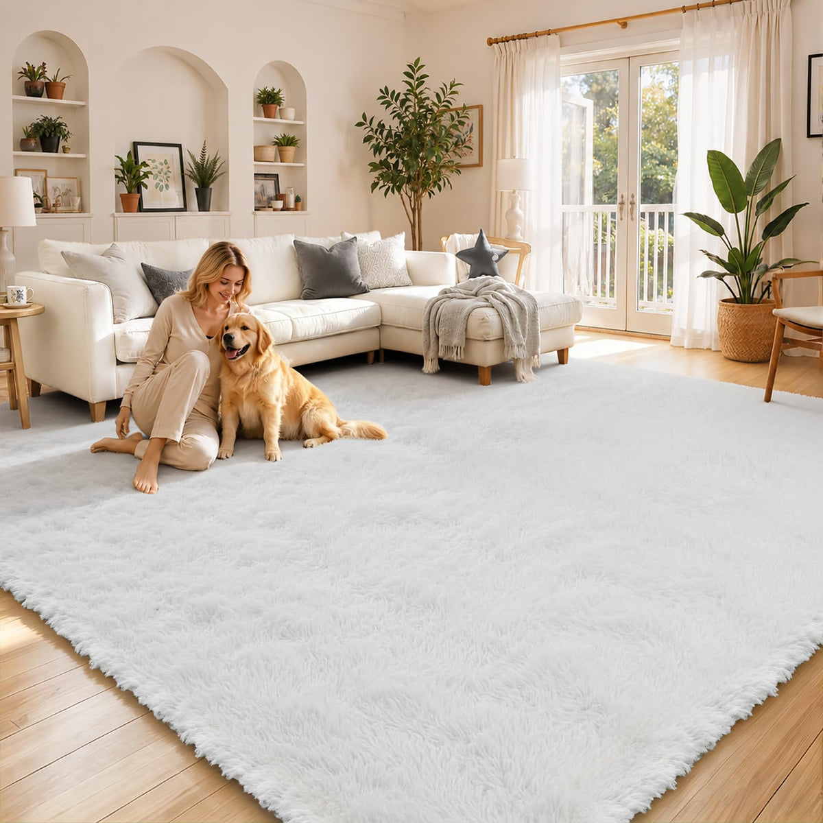 8x10 Area Rugs for Living Room,Cream Large Shaggy Carpet Plush Furry Rug