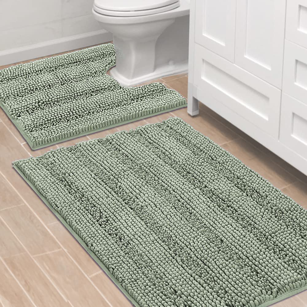 H.VERSAILTEX Sage Bathroom Rugs, Bath Mat Set of 2 Extra Thick Chenille Striped Pattern Shaggy Bath Rugs for Bath Room, Non Skid Bath Mats for Bathroom Floor (32 x 20 Plus 24 x 17 - Inches)