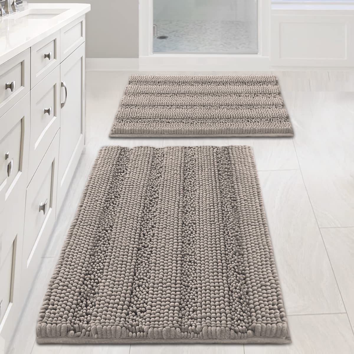 H.VERSAILTEX Sage Bathroom Rugs, Bath Mat Set of 2 Extra Thick Chenille Striped Pattern Shaggy Bath Rugs for Bath Room, Non Skid Bath Mats for Bathroom Floor (32 x 20 Plus 24 x 17 - Inches)