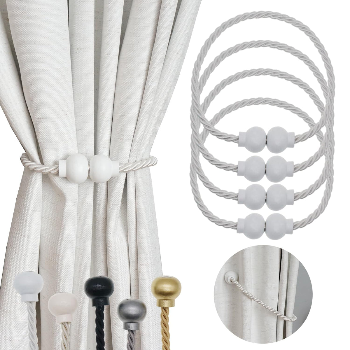 2 Pack Magnetic Curtain Tiebacks Modern Handmade Rope Curtain Tie Backs Decorative Drapes Weave Holdbacks for Home Outdoor Bedroom Office Decorative Curtain, Gold